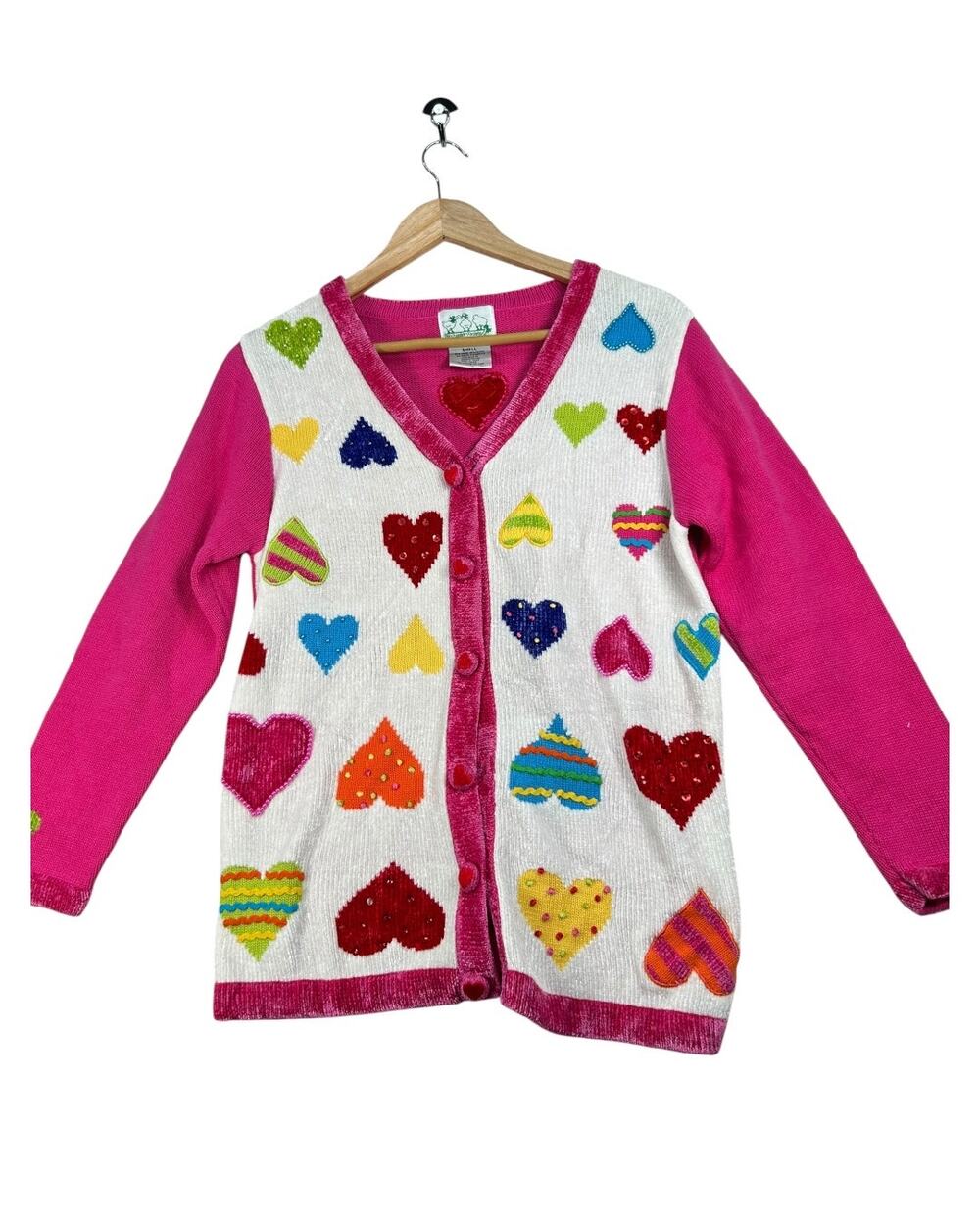 The Quacker Factory Vintage Women’s S Pink Heart Cardigan  Button Front Beaded
